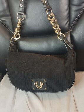 True Religion Black "Corduroy" Shoulder Bag with Silver/ Gold Chain Accents